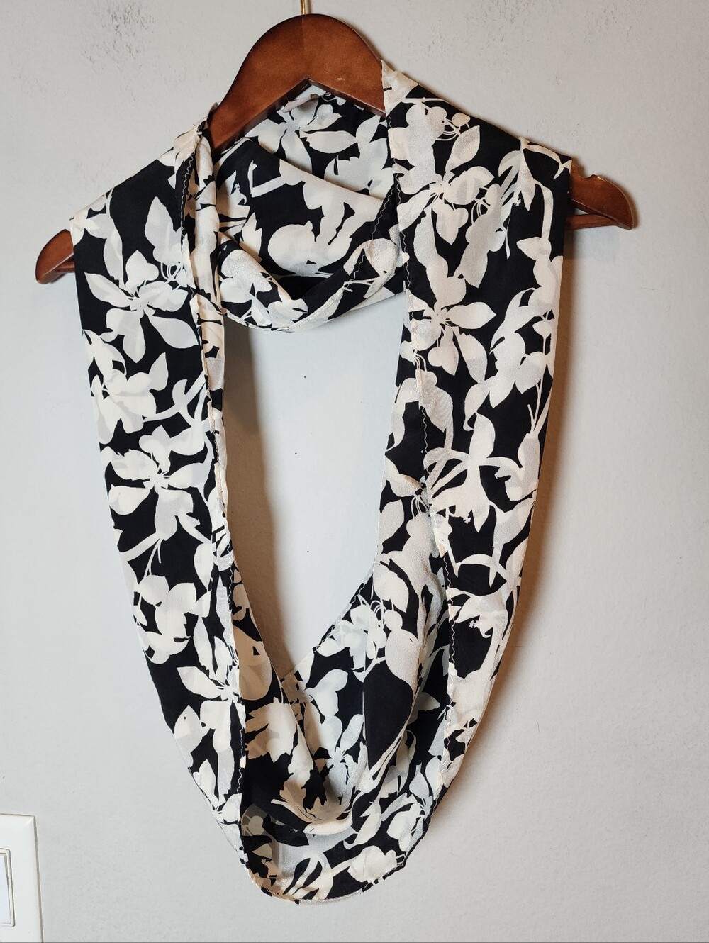 J. Jill 100% Silk Infinity Scarf Black White Floral